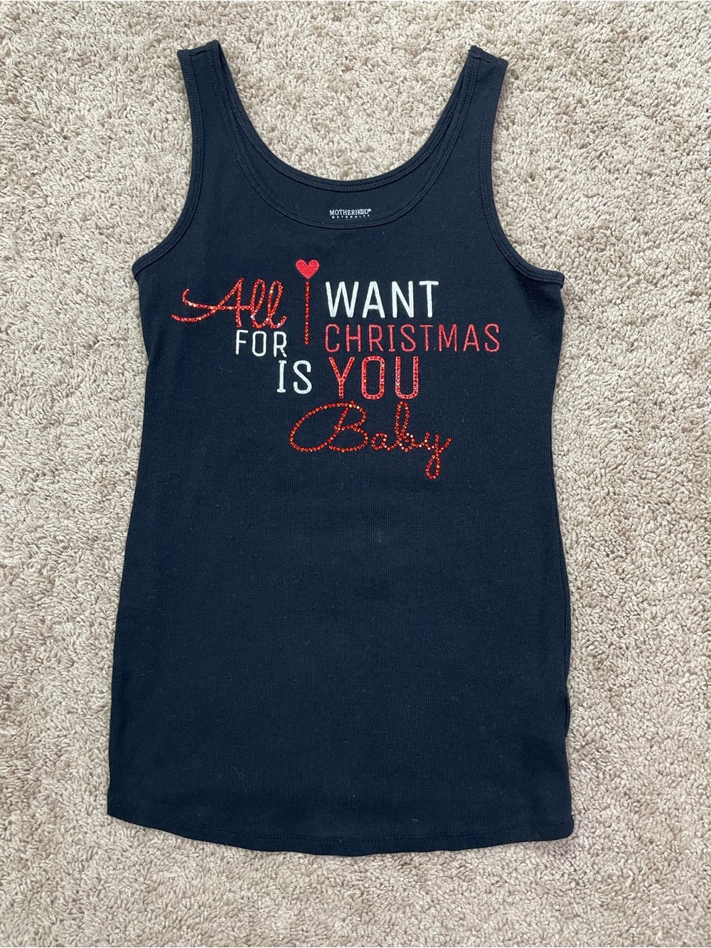 Motherhood Maternity Black Tank with Red & White Glitter Holiday Text